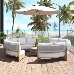 White Farmhouse Outdoor Sectional Sofa Set with Stainless Steel Coffee Tables
