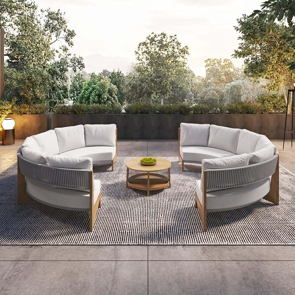 White Farmhouse Outdoor Sectional Sofa Set with Stainless Steel Coffee Tables
