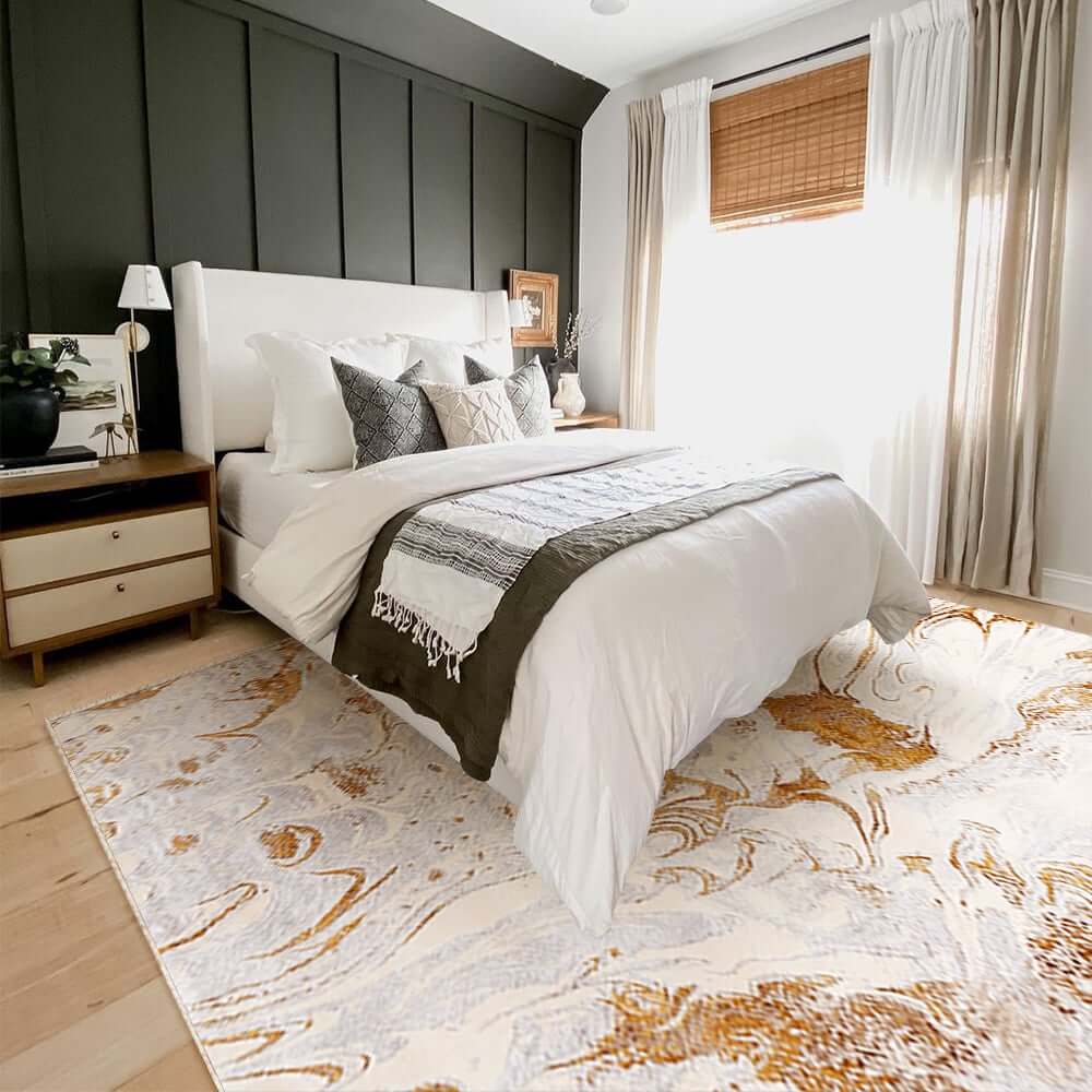 White & Gold Abstract Faux Cashmere Rectangle Rug