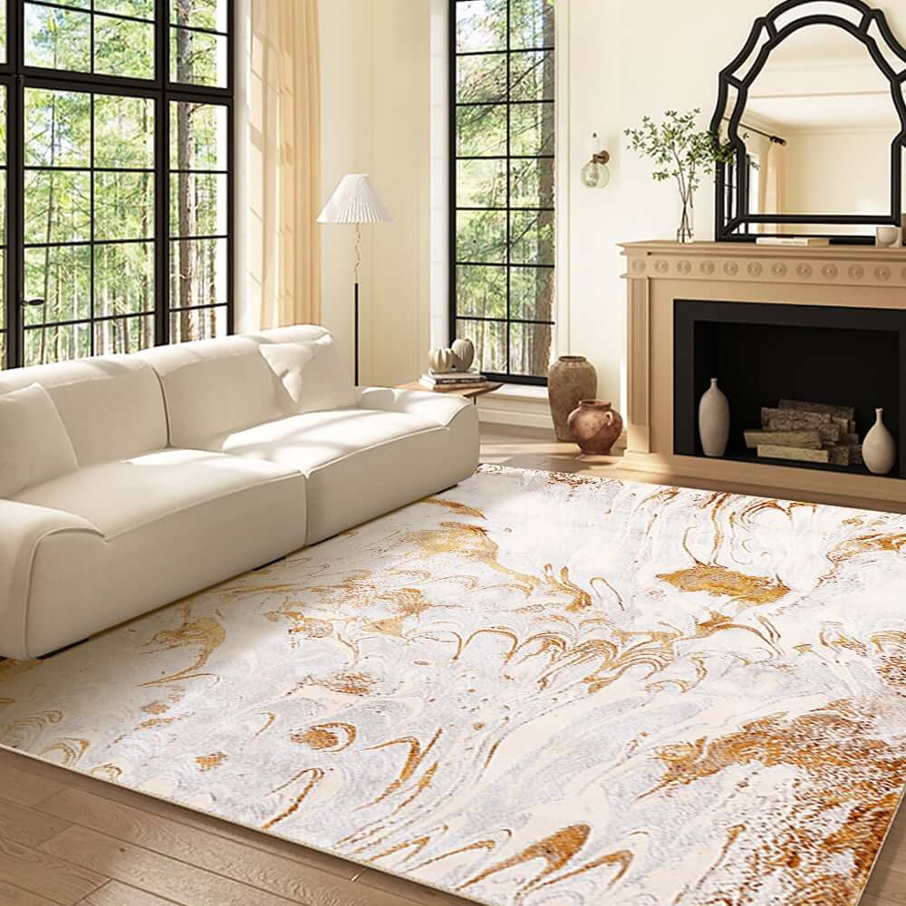 White & Gold Abstract Faux Cashmere Rectangle Rug