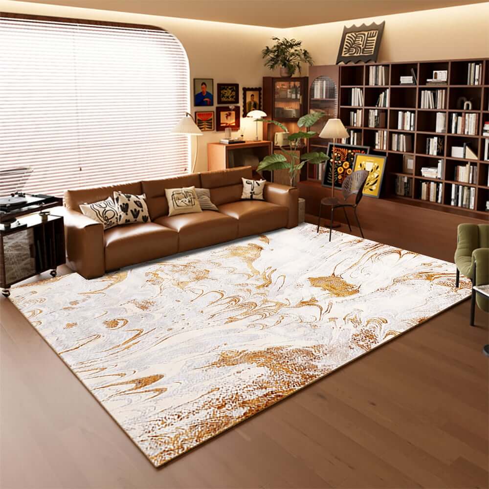 White & Gold Abstract Faux Cashmere Rectangle Rug