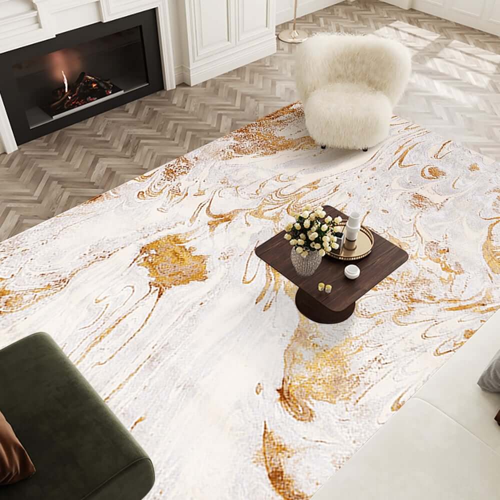 White & Gold Abstract Faux Cashmere Rectangle Rug