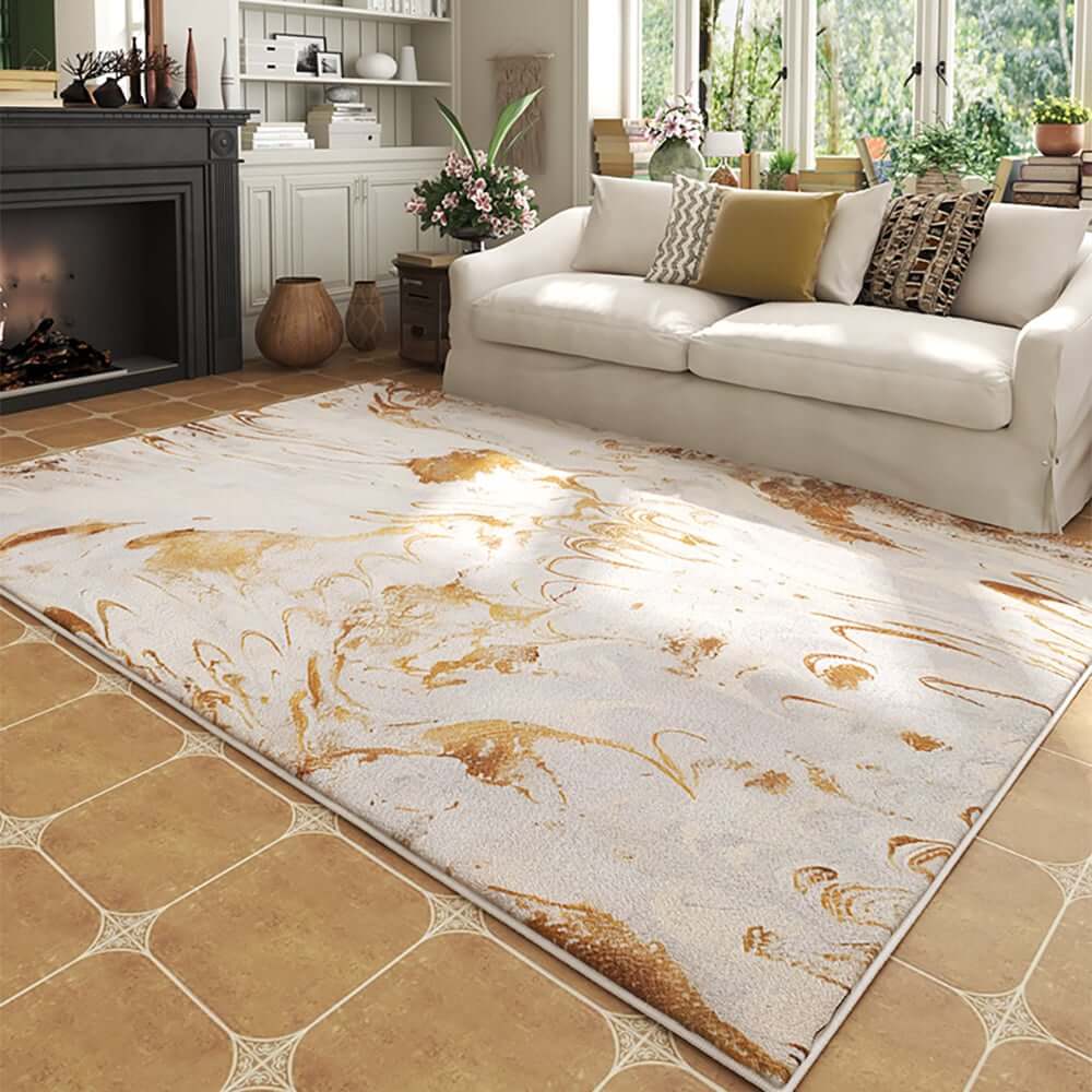 White & Gold Abstract Faux Cashmere Rectangle Rug