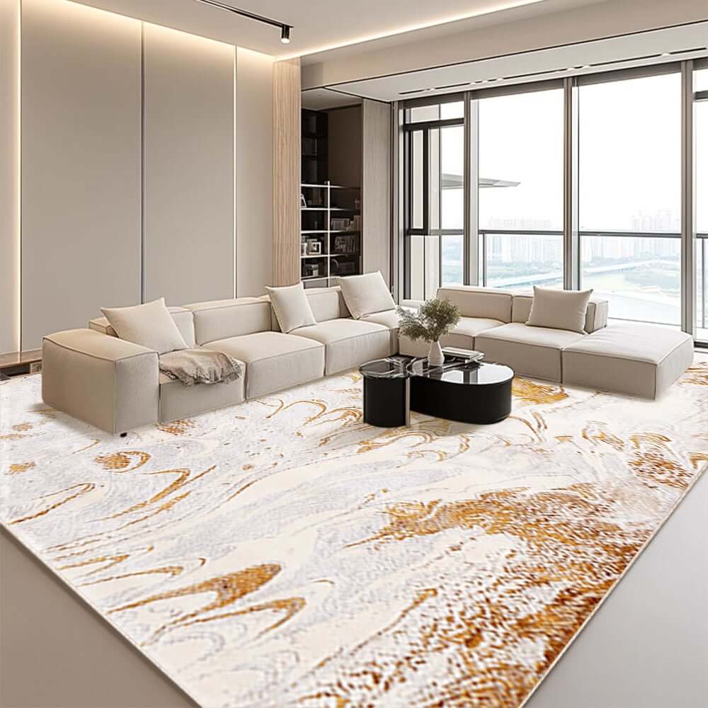 White & Gold Abstract Faux Cashmere Rectangle Rug