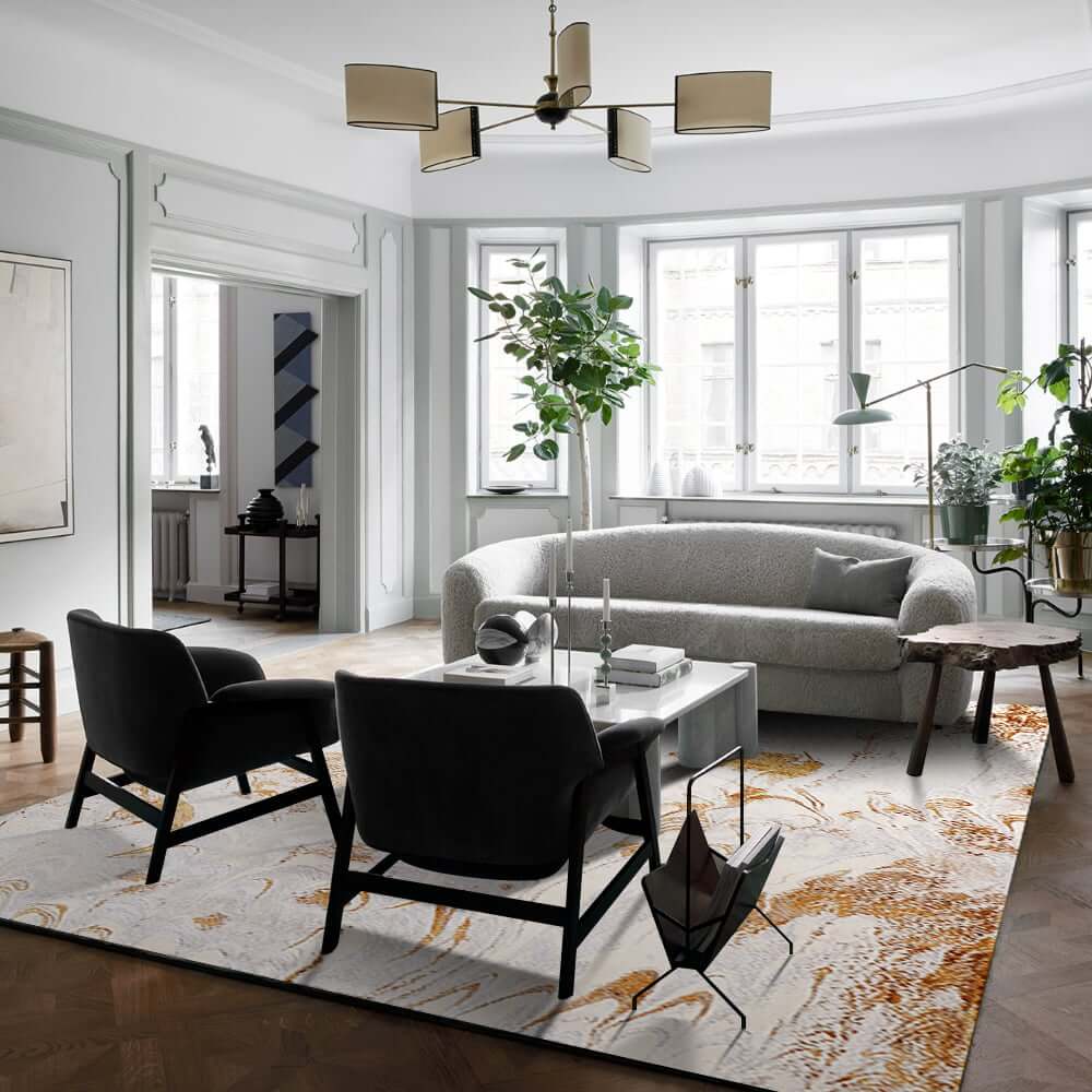 White & Gold Abstract Faux Cashmere Rectangle Rug