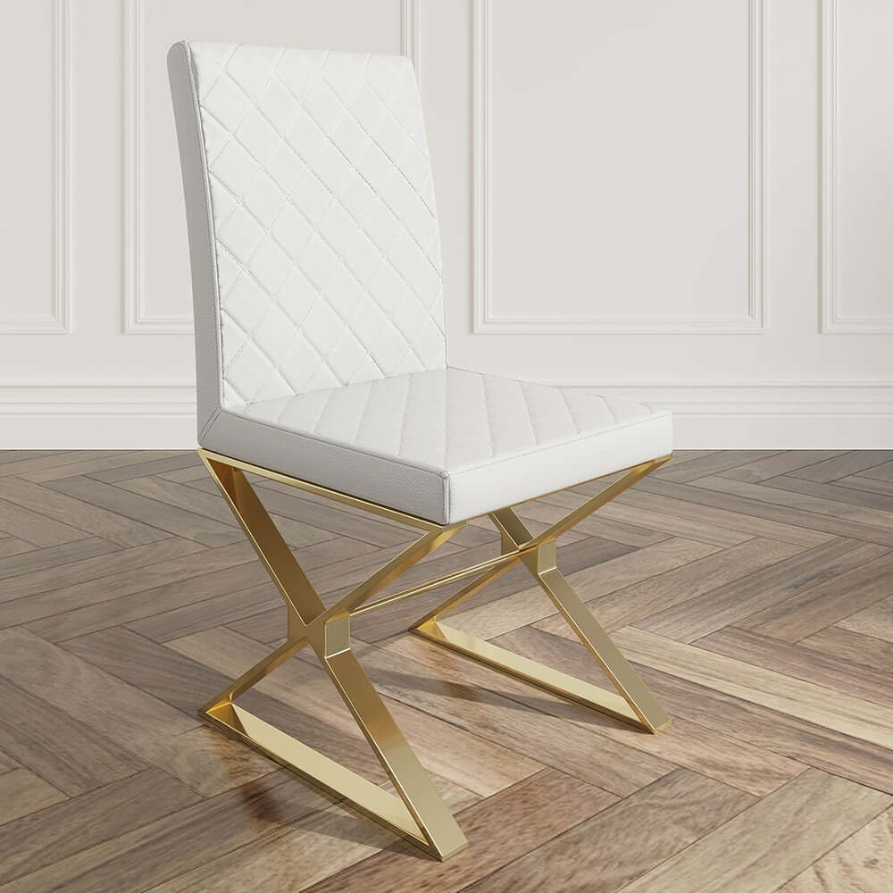 White & Gold Faux Leather Dining Chairs with Solid Back