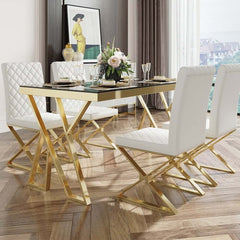 White & Gold Faux Leather Dining Chairs with Solid Back