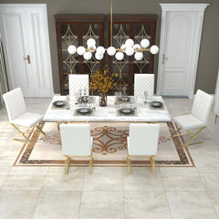 White & Gold Faux Leather Dining Chairs with Solid Back