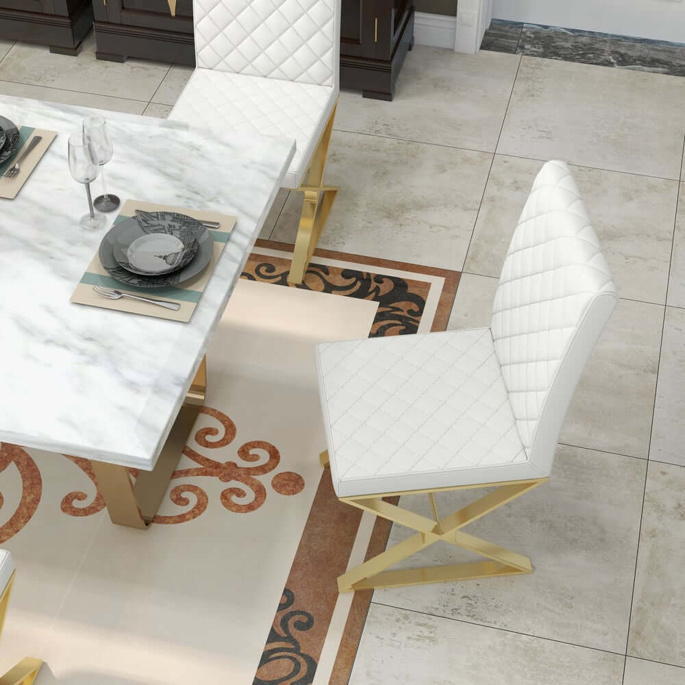 White & Gold Faux Leather Dining Chairs with Solid Back