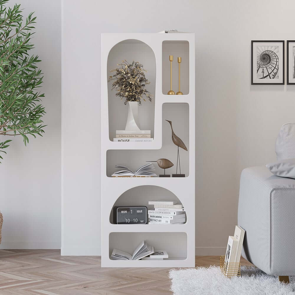 White MDF Art Deco Geometric Bookcase with Open Storage