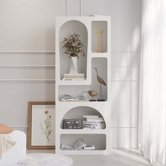 White MDF Art Deco Geometric Bookcase with Open Storage