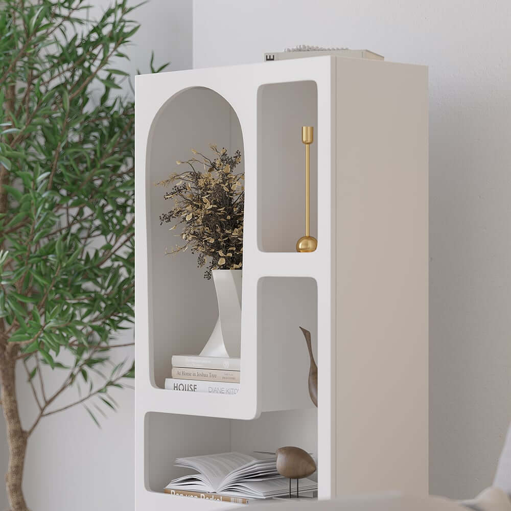 White MDF Art Deco Geometric Bookcase with Open Storage