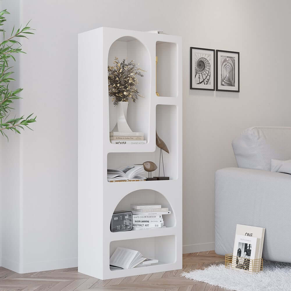 White MDF Art Deco Geometric Bookcase with Open Storage Main Product Image