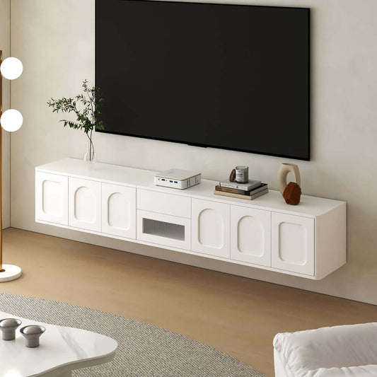 White Modern Floating TV Stand with Drawer and Cable Management