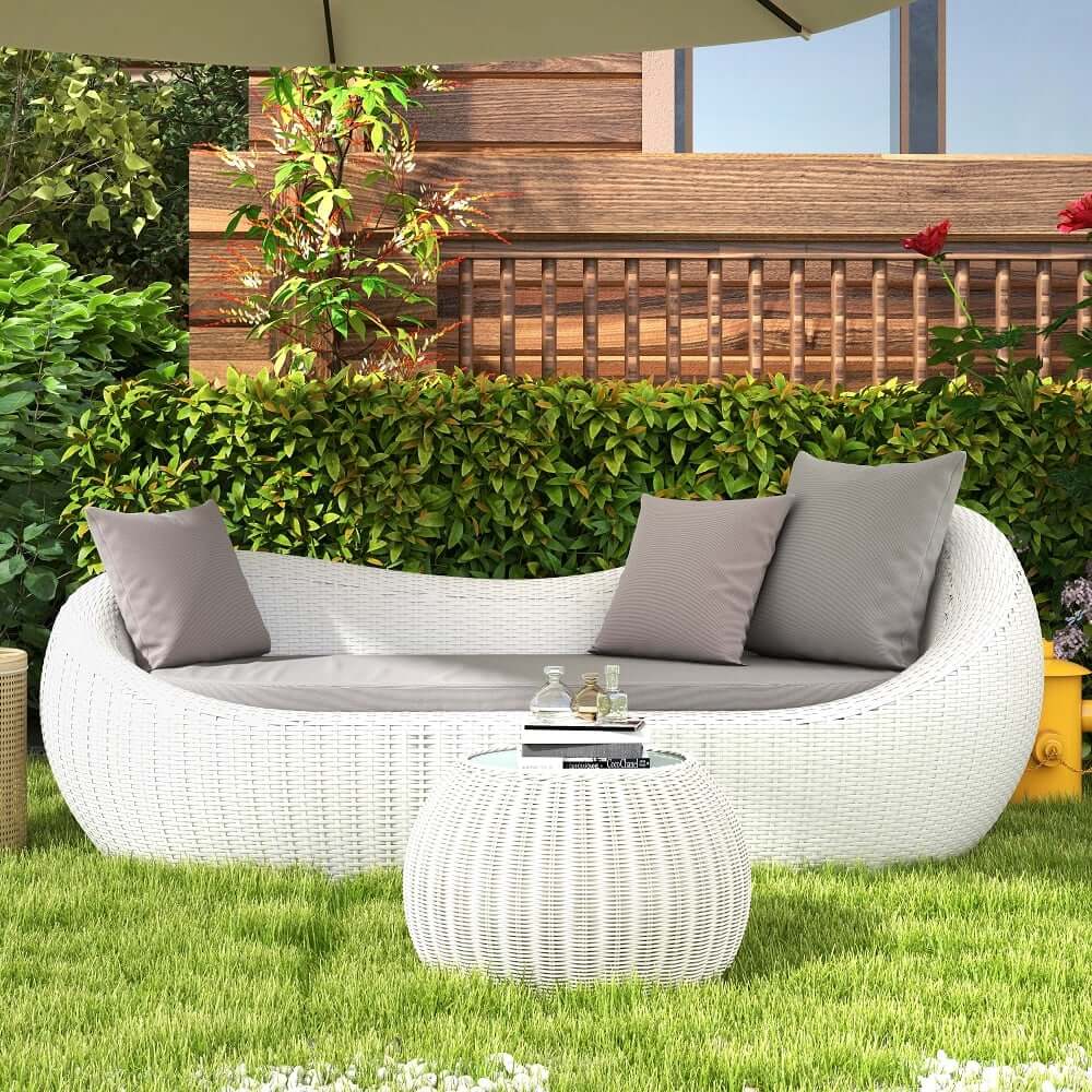White Rattan Outdoor Sofa for 2 with Removable Cushions