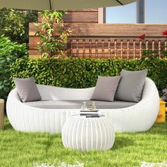 White Rattan Outdoor Sofa for 2 with Removable Cushions