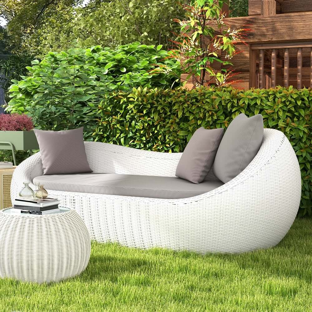 White Rattan Outdoor Sofa for 2 with Removable Cushions