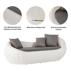 White Rattan Outdoor Sofa for 2 with Removable Cushions