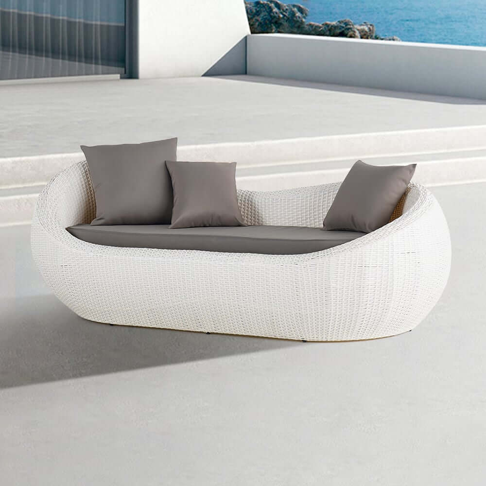 White Rattan Outdoor Sofa for 2 with Removable Cushions