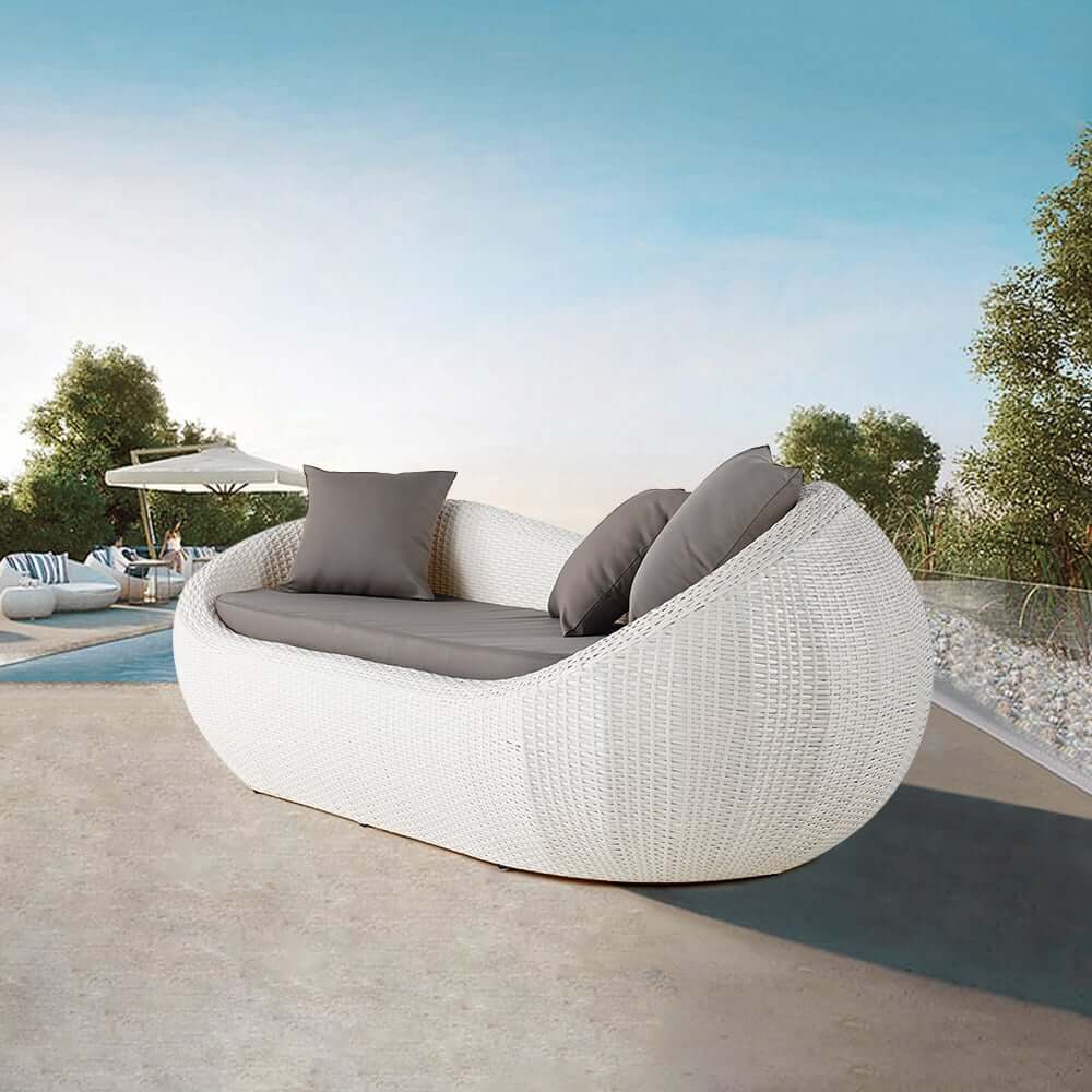 White Rattan Outdoor Sofa for 2 with Removable Cushions
