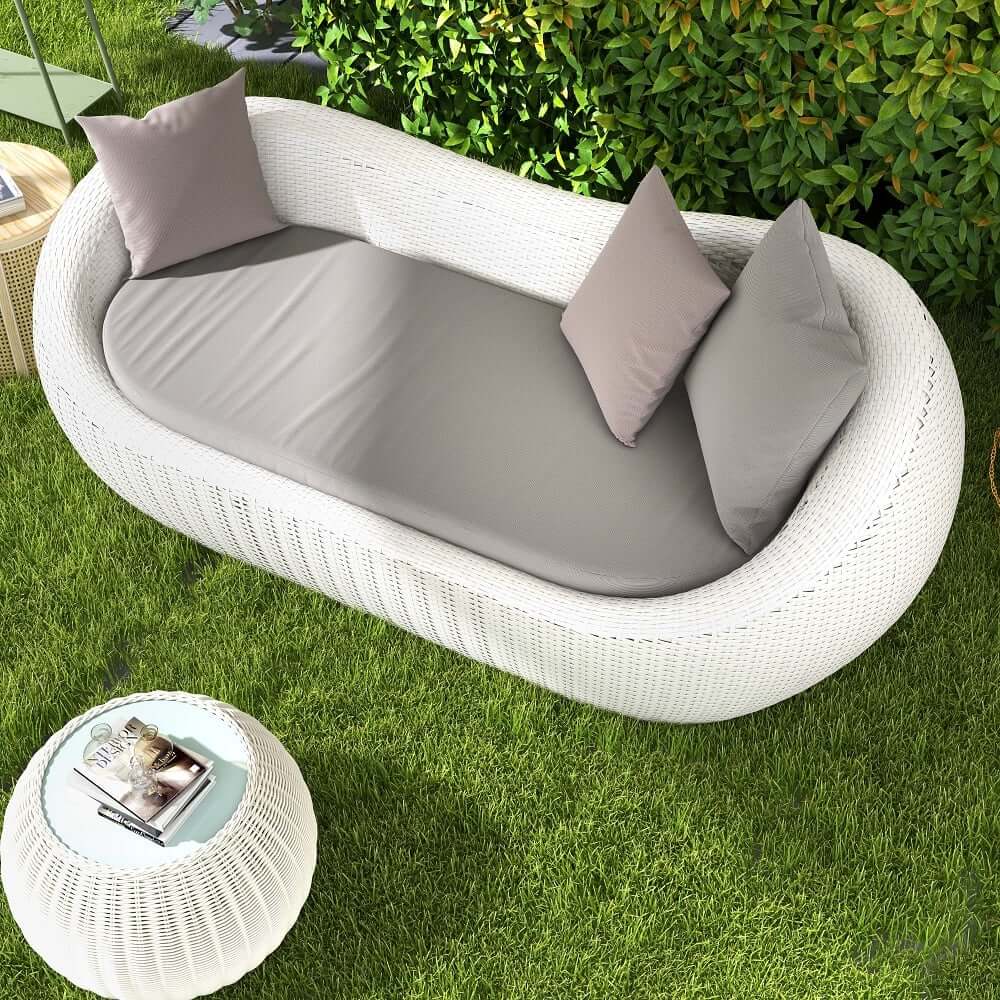 White Rattan Outdoor Sofa for 2 with Removable Cushions