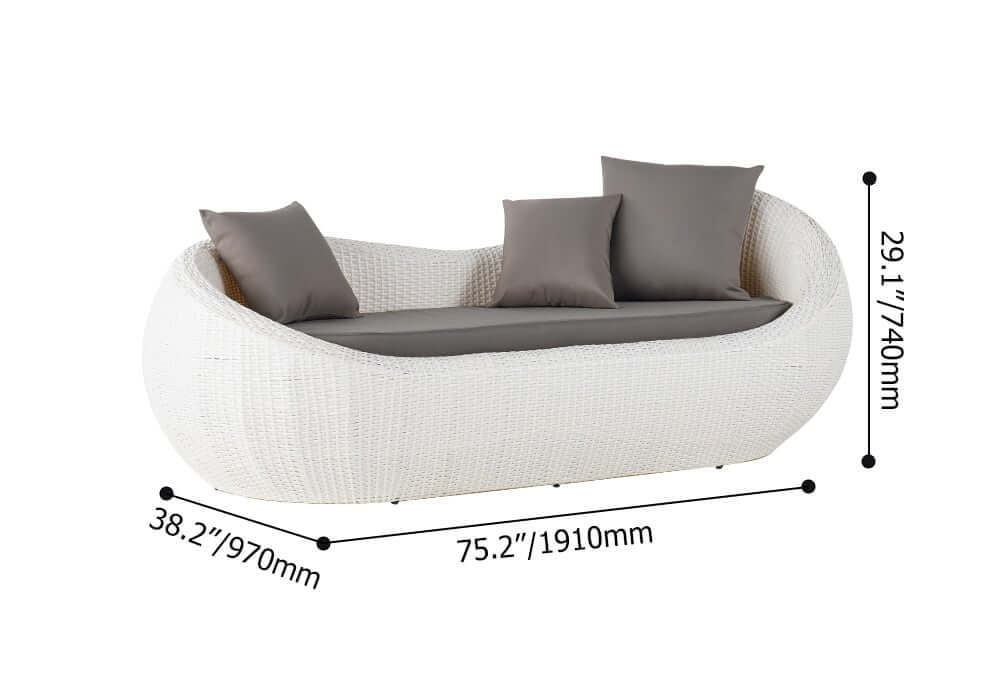 White Rattan Outdoor Sofa for 2 with Removable Cushions Dimensions