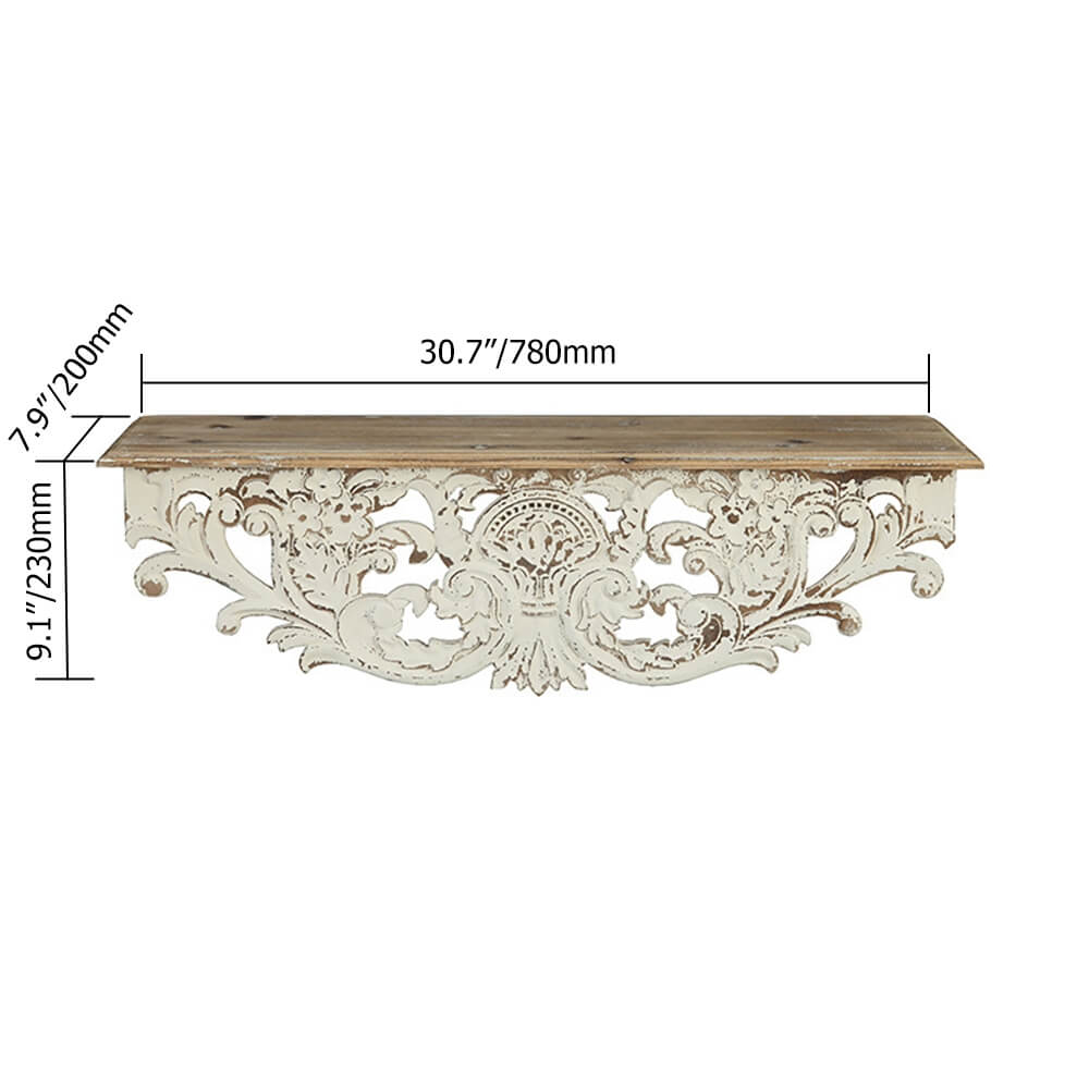 White Solid Wood Floating Shelf - French Country Design, Wall Mounted Dimensions