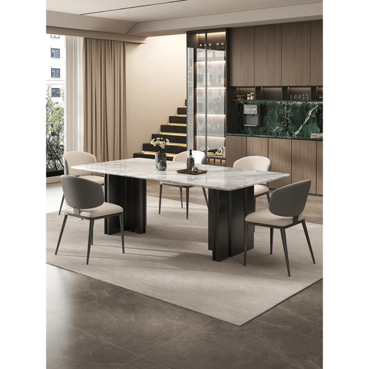White Veined Marble Table with Rounded Edges and Architectural Base