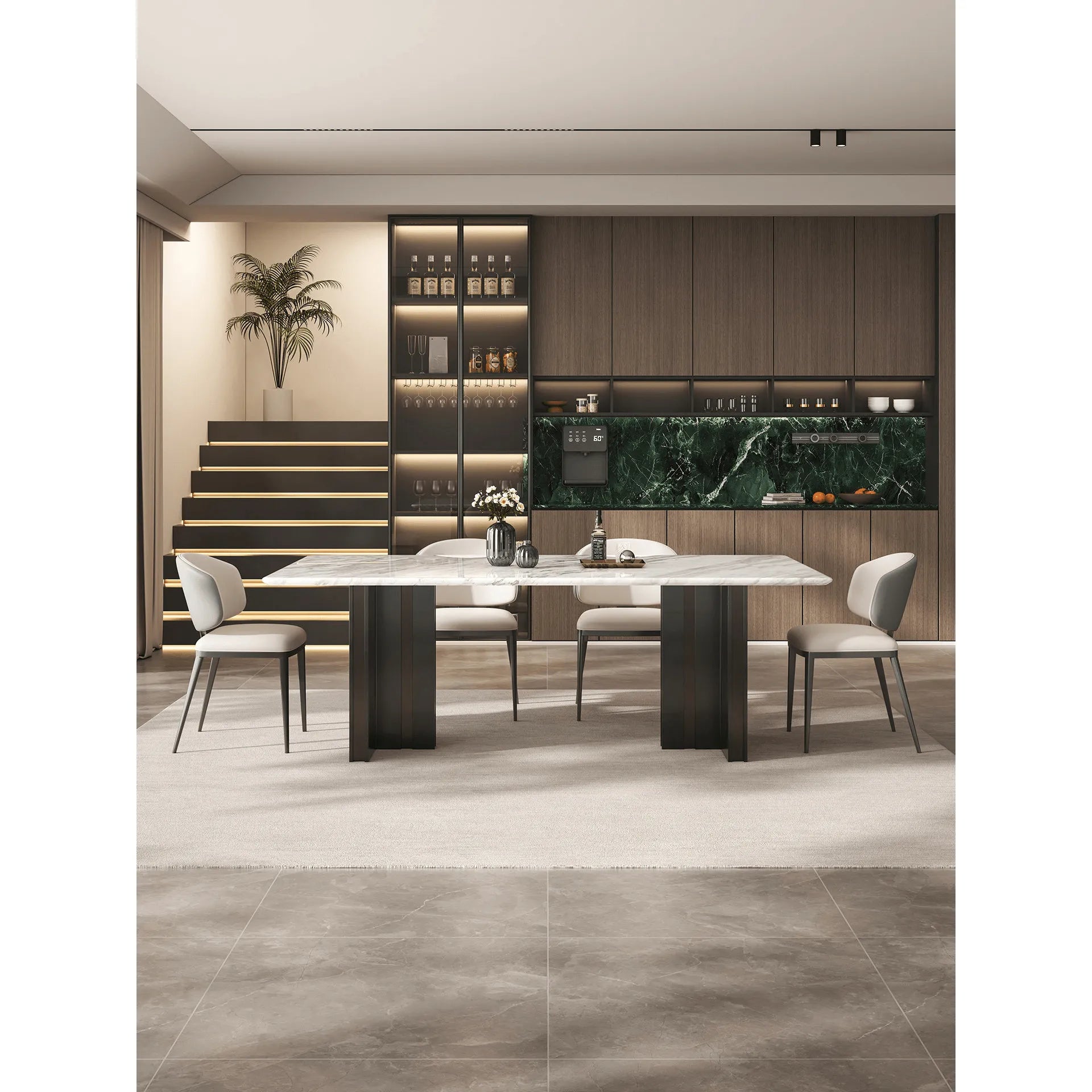 White Veined Marble Table with Rounded Edges and Architectural Base