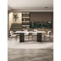 White Veined Marble Table with Rounded Edges and Architectural Base