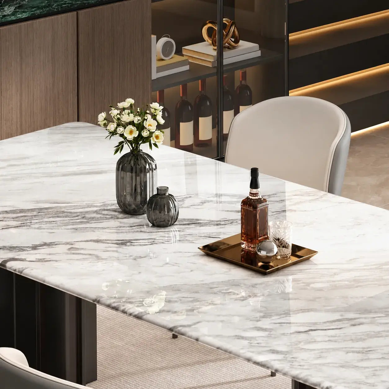 White Veined Marble Table with Rounded Edges and Architectural Base