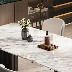 White Veined Marble Table with Rounded Edges and Architectural Base