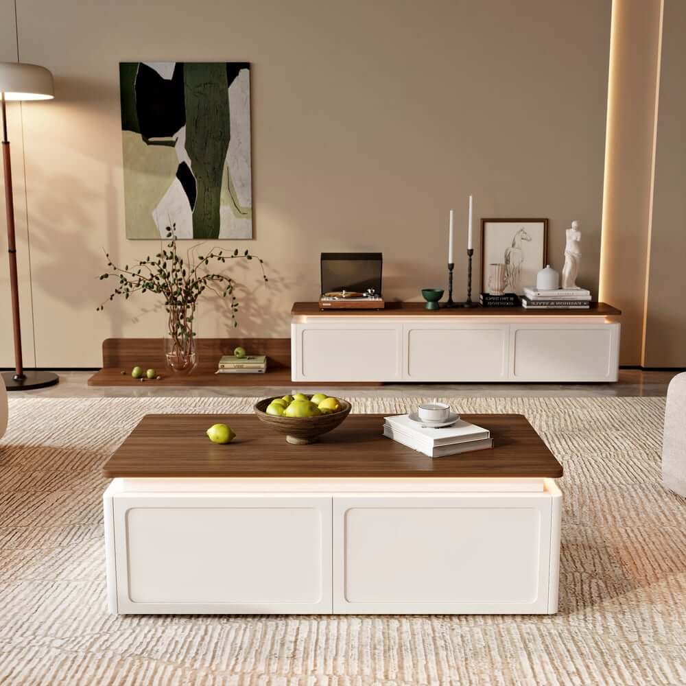 White & Walnut TV Stand with Storage Drawers & Door