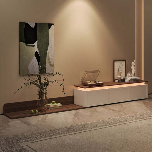 White & Walnut TV Stand with Storage Drawers & Door