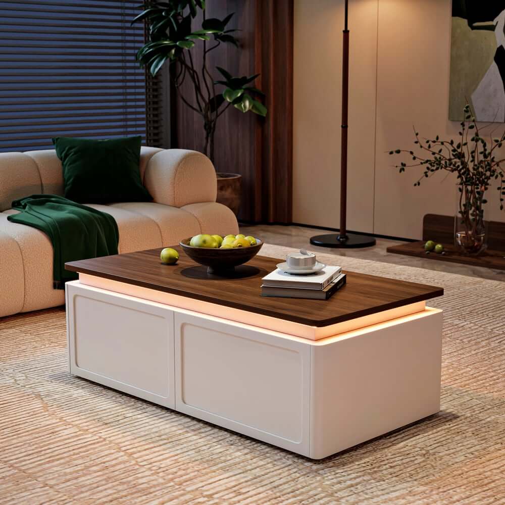 White & Walnut TV Stand with Storage Drawers & Door