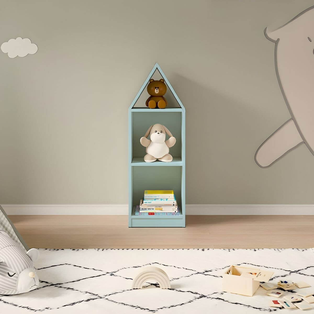 Wooden Kids Storage Shelf with Playful Roof Silhouette and Sturdy Build