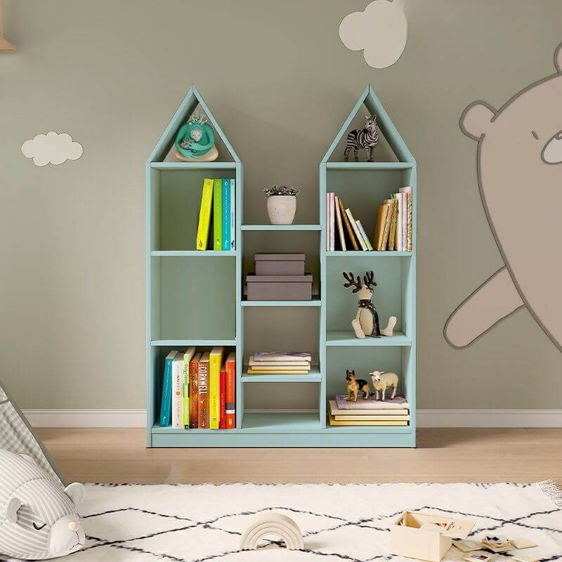 Wooden Kids Storage Shelf with Playful Roof Silhouette and Sturdy Build