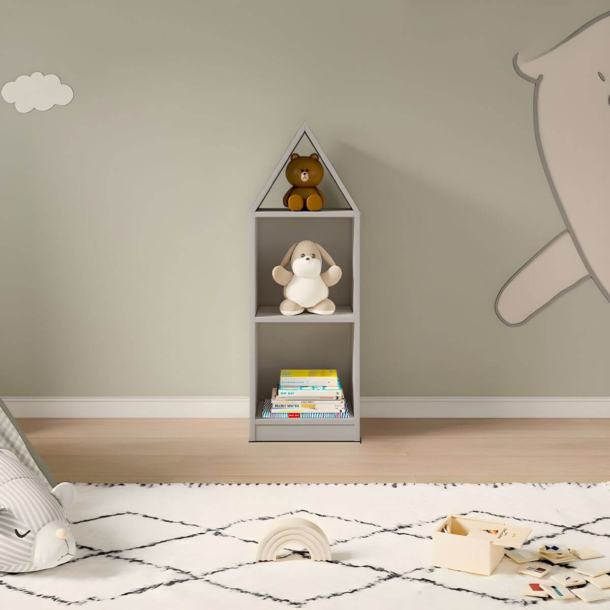 Wooden Kids Storage Shelf with Playful Roof Silhouette and Sturdy Build