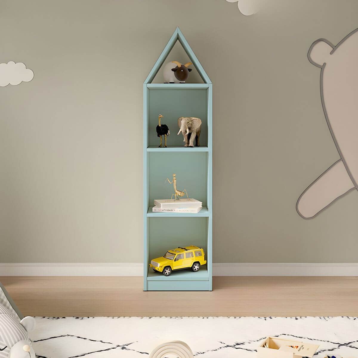 Wooden Kids Storage Shelf with Playful Roof Silhouette and Sturdy Build