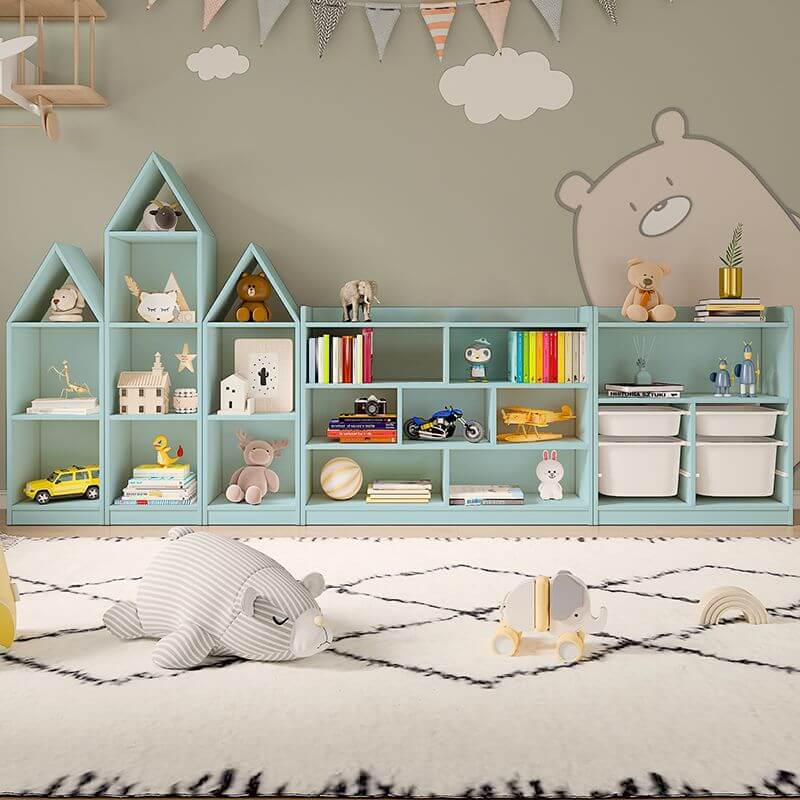 Wooden Kids Storage Shelf with Playful Roof Silhouette and Sturdy Build