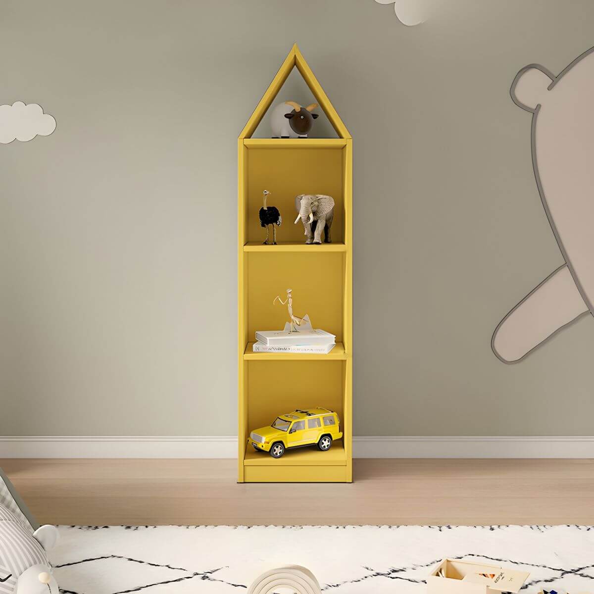 Wooden Kids Storage Shelf with Playful Roof Silhouette and Sturdy Build