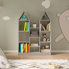 Wooden Kids Storage Shelf with Playful Roof Silhouette and Sturdy Build
