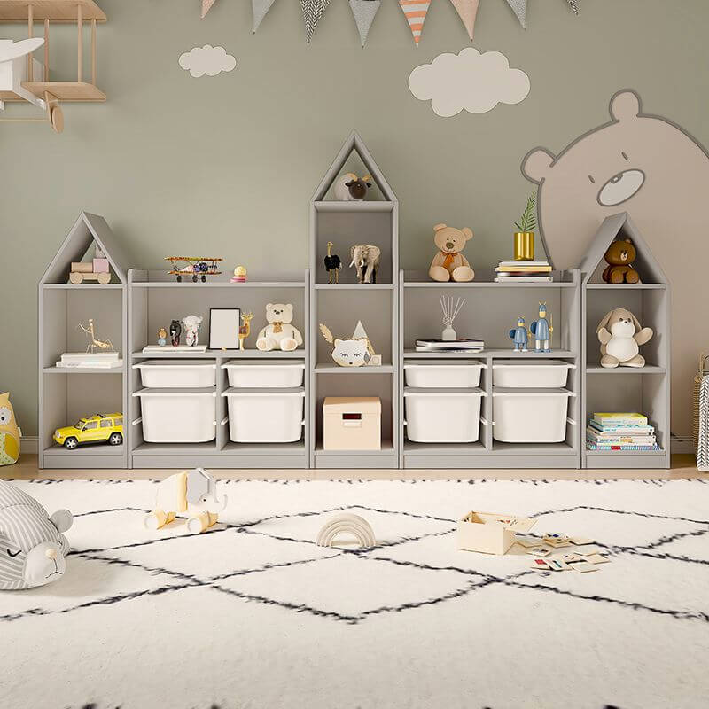 Wooden Kids Storage Shelf with Playful Roof Silhouette and Sturdy Build