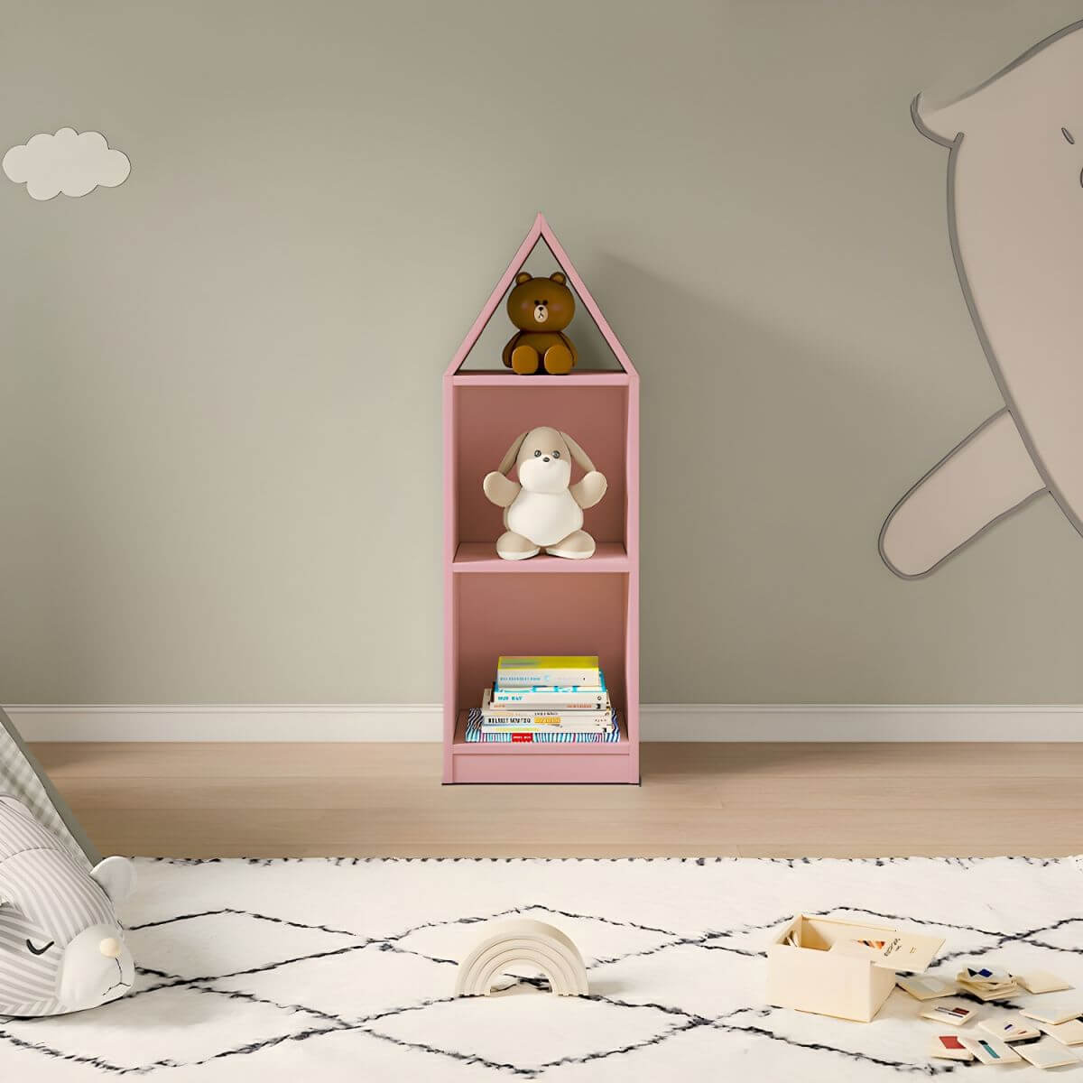 Wooden Kids Storage Shelf with Playful Roof Silhouette and Sturdy Build