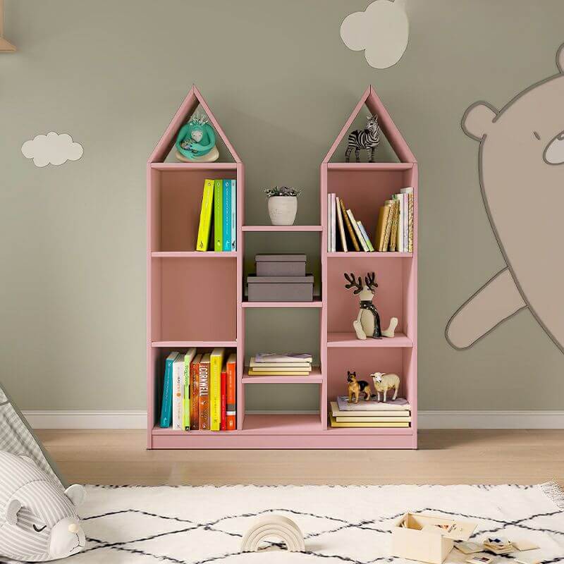 Wooden Kids Storage Shelf with Playful Roof Silhouette and Sturdy Build