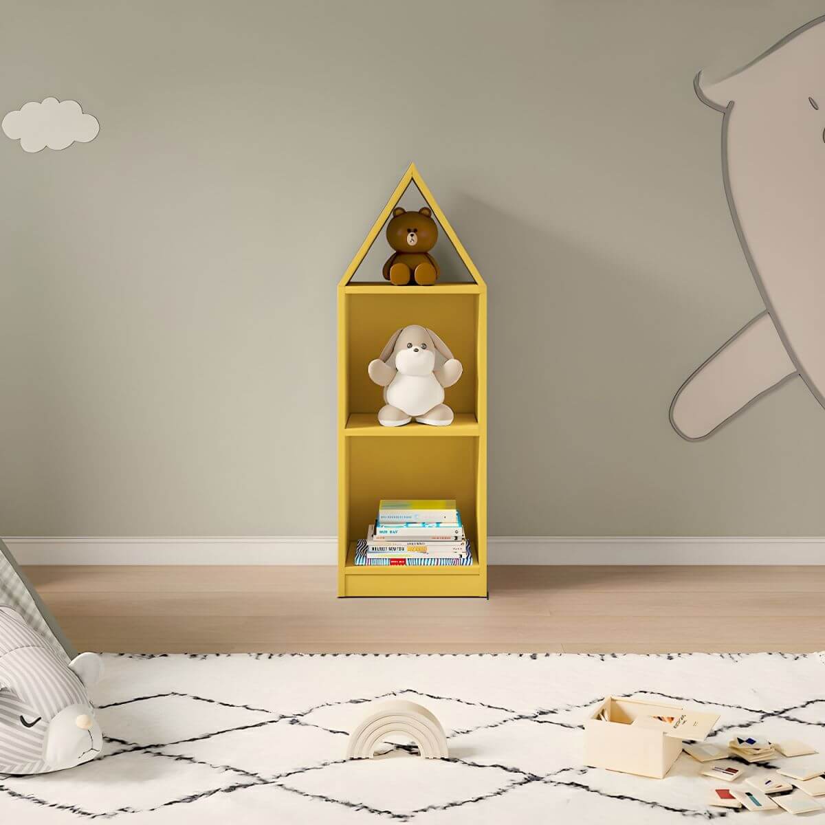 Wooden Kids Storage Shelf with Playful Roof Silhouette and Sturdy Build
