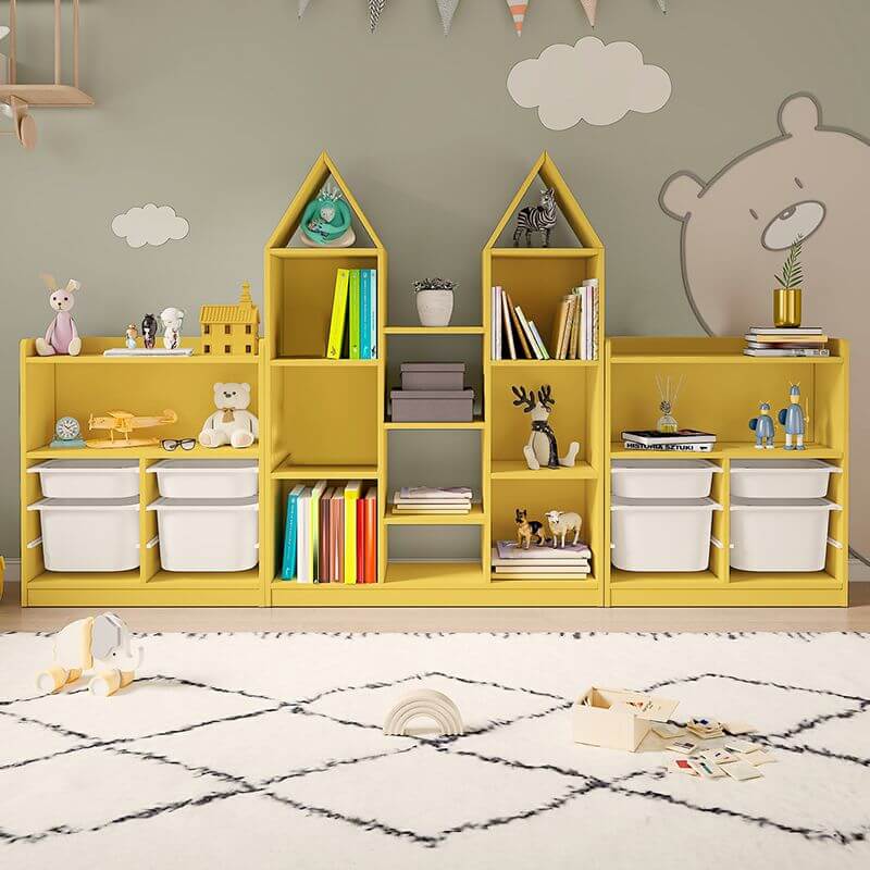 Wooden Kids Storage Shelf with Playful Roof Silhouette and Sturdy Build