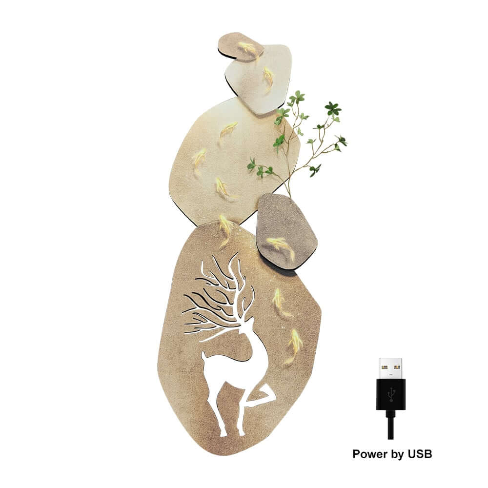 Wooden LED Wall Art with Nature-Inspired Deer and Koi Design