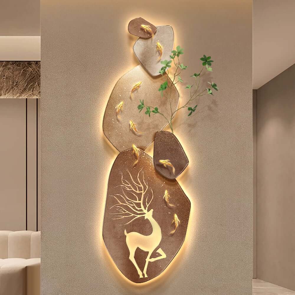 Wooden LED Wall Art with Nature-Inspired Deer and Koi Design