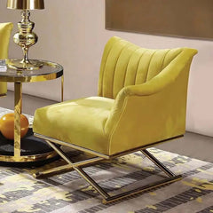 Yellow Velvet Glam Lounge Chair With Gold Cross Legs